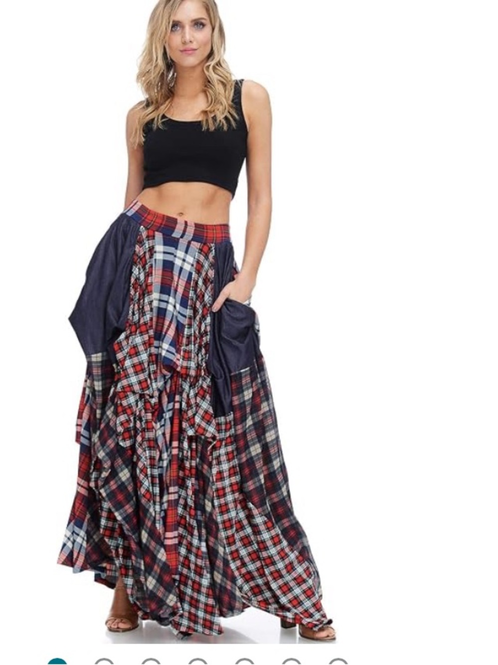 TOV plaid mixed media and denim maxi skirt